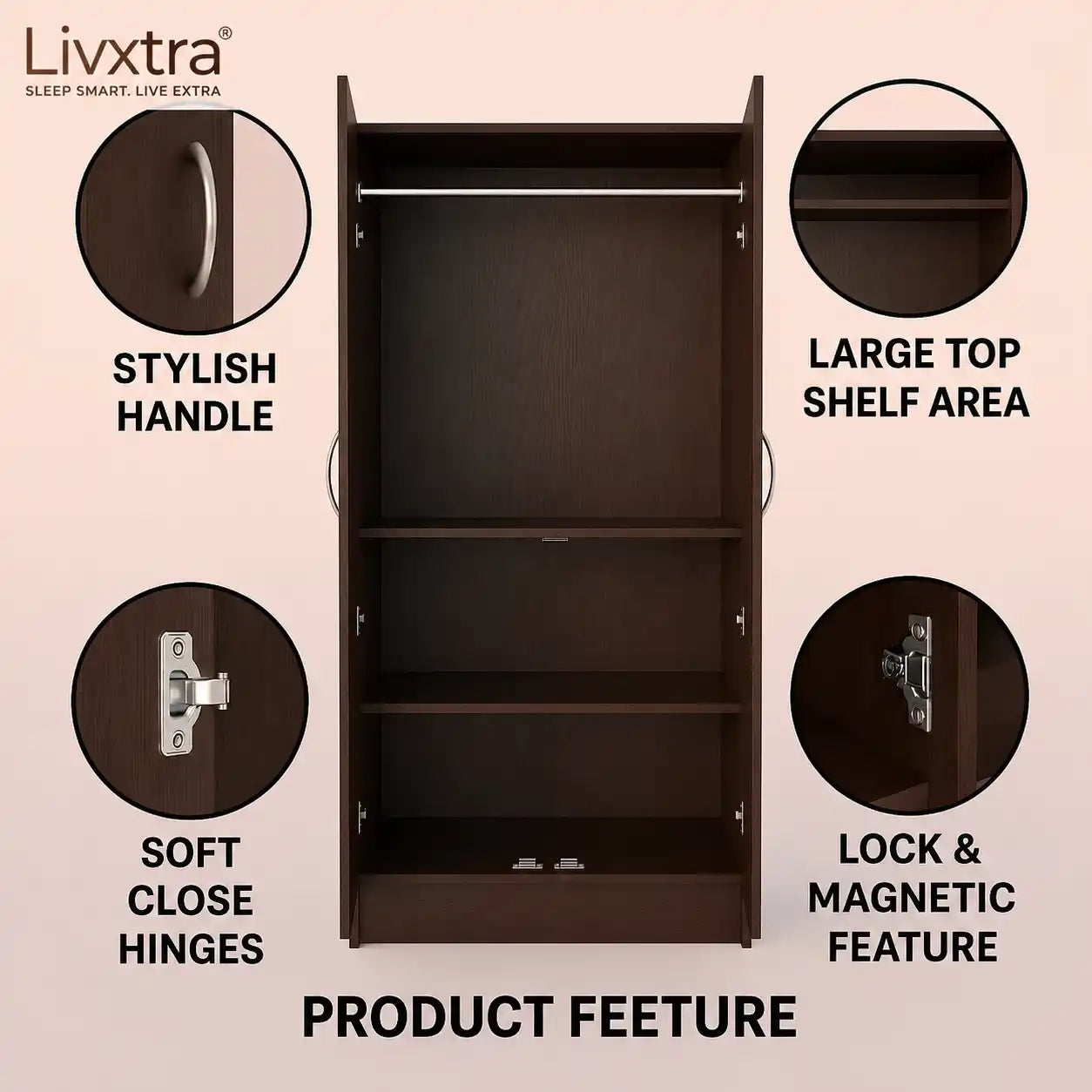 Livxtra Wooden Furniture Wardrobe With Storage Clothes Hanger for Bedroom Engineered Wood 2 Door Wardrobe